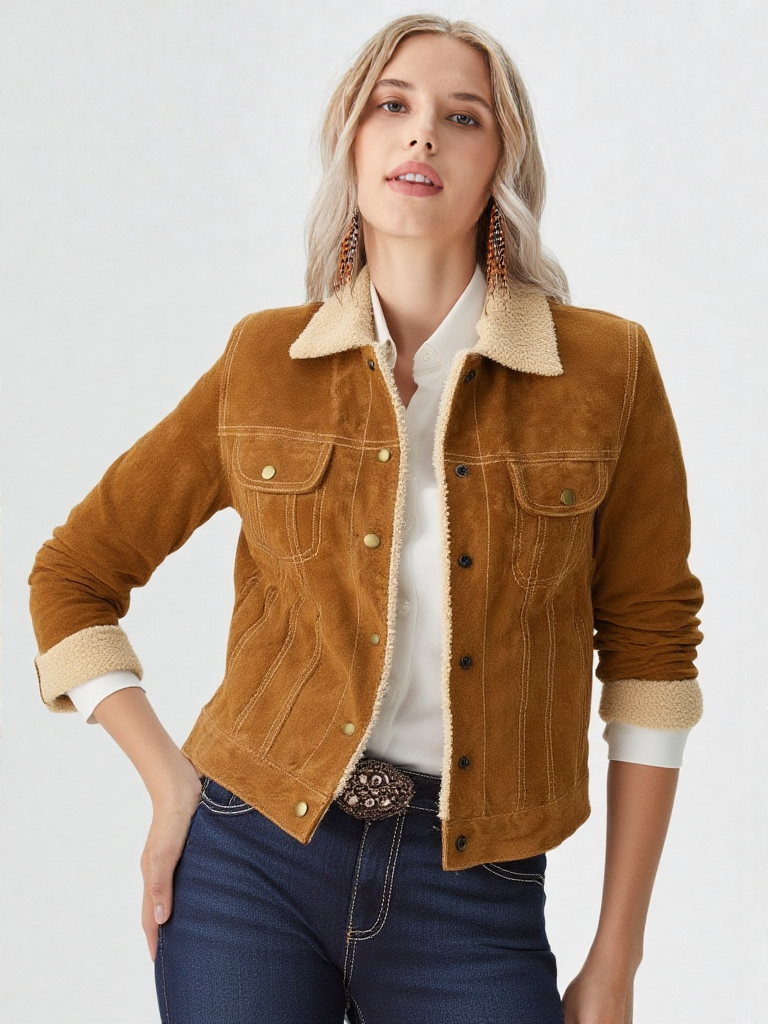 Women's Solid Cafe Brown Suede Sherpa Lined Jean Style Jacket