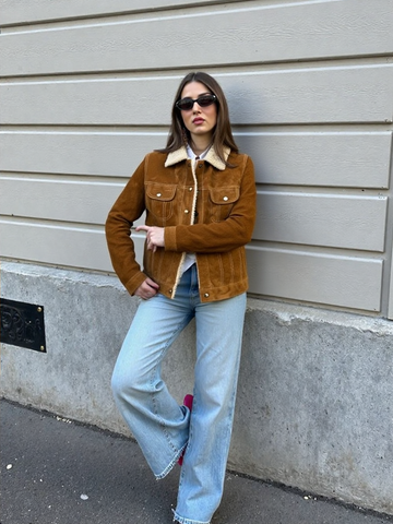 Women's Solid Cafe Brown Suede Sherpa Lined Jean Style Jacket