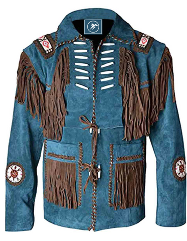 Men's Western Suede Jacket, Blue Cowboy Fringe Suede Jacket