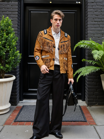 Men Brown Western Fringes with white beads decoration