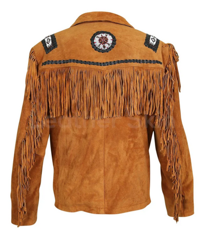 Men Brown Western Fringes with white beads decoration