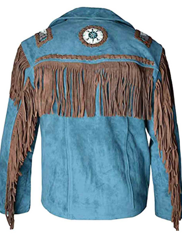 Men's Western Suede Jacket, Blue Cowboy Fringe Suede Jacket