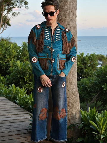 Men's Western Suede Jacket, Blue Cowboy Fringe Suede Jacket